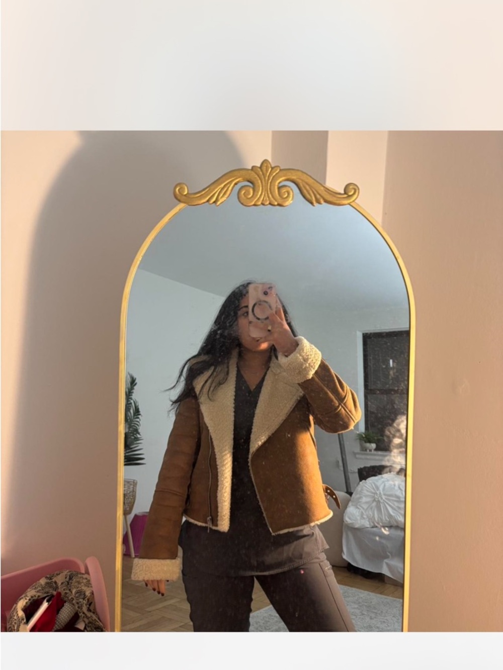 Forever 21 Brown Leather Jacket with Cream Shearling Trim